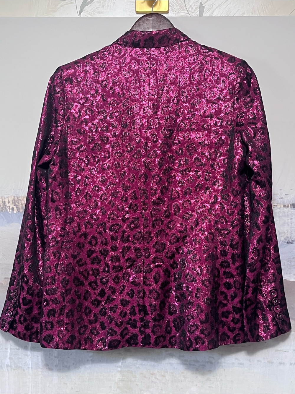 Tanya Taylor Analiese Blazer Metallic Fuchsia Burgundy Pink Leopard Print Size 4 - Picture 3 of 16